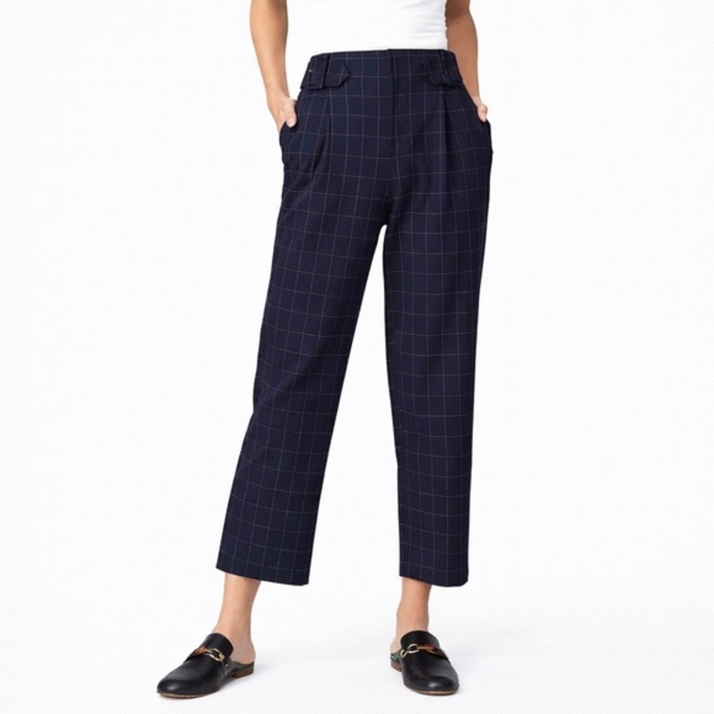 Club Monaco‎ Navy Check Self Belt Cropped Wide Leg Pants Size 8